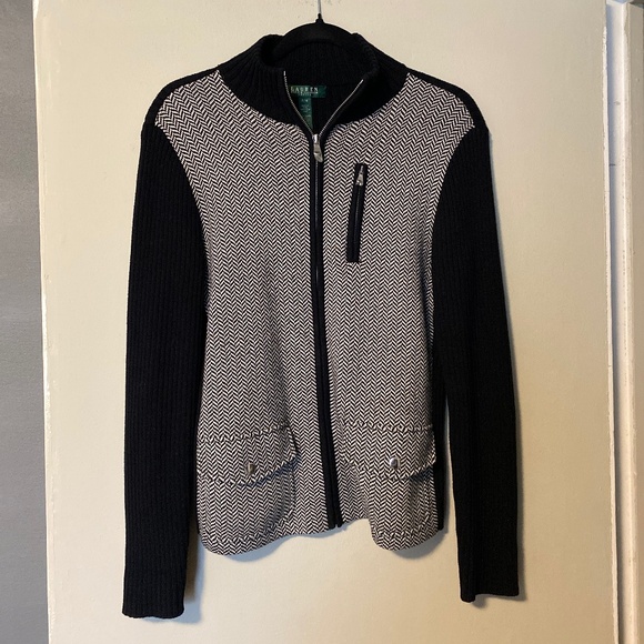 Lauren Ralph Lauren Cardigan Sweater Black White Herringbone Women's M petite - Picture 1 of 2